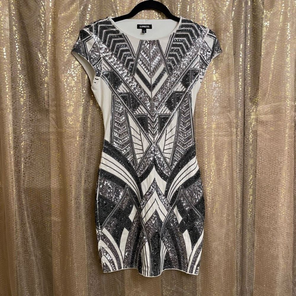 Express white black/silver sequin cap sleeve mini dress XS